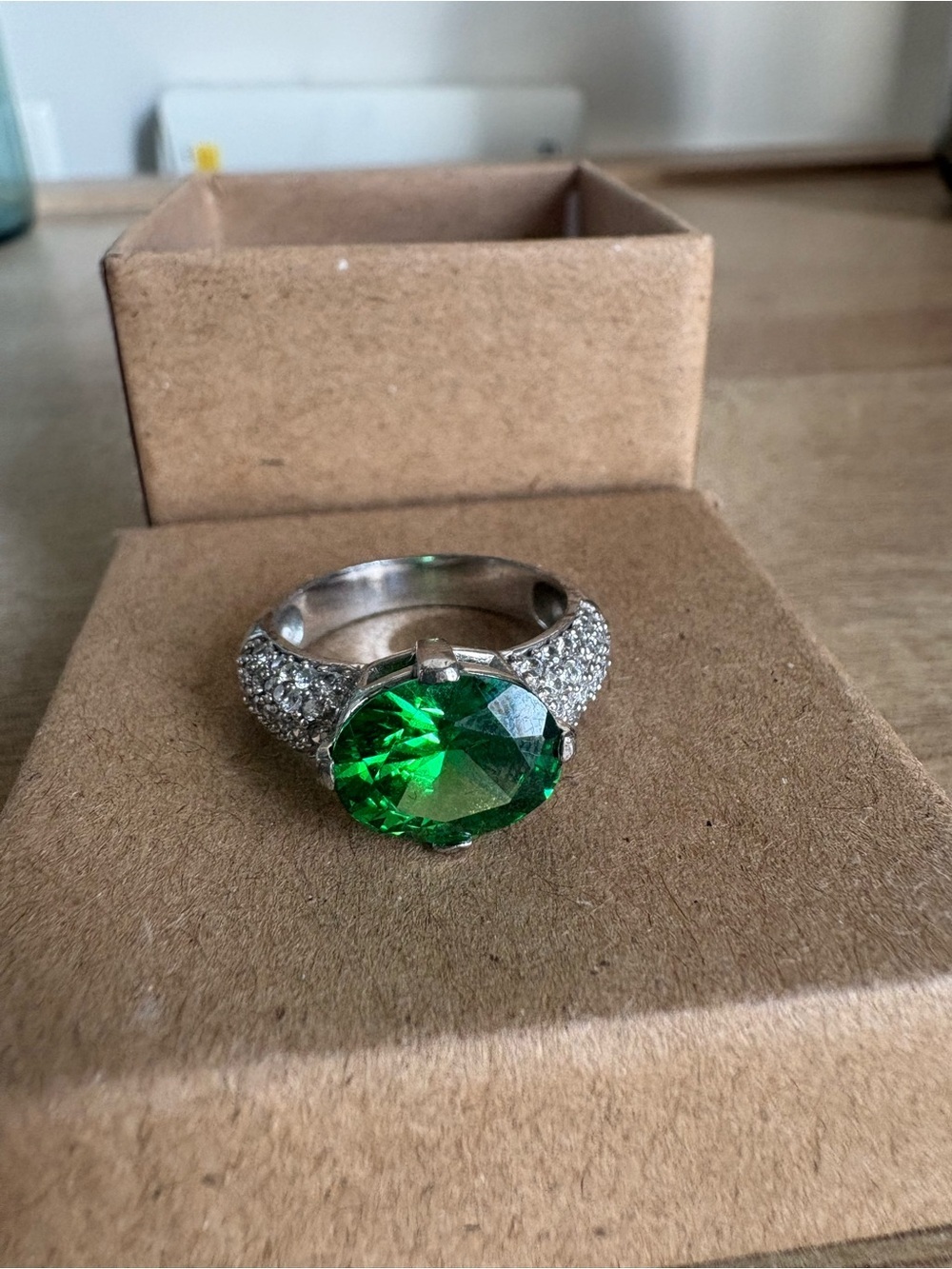 Green Crystal Cocktail Ring - Size 6